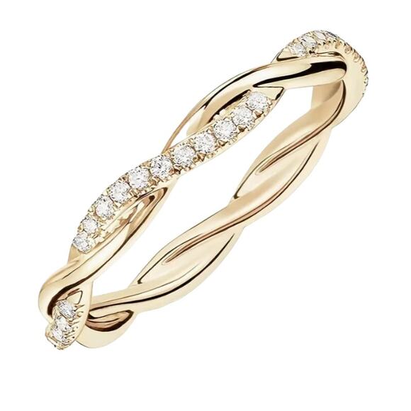 Golden Twisted Cubic Zirconia Inlaid Classic Fashion Jewelry Finger Ring Size 8 - Picture 1 of 5